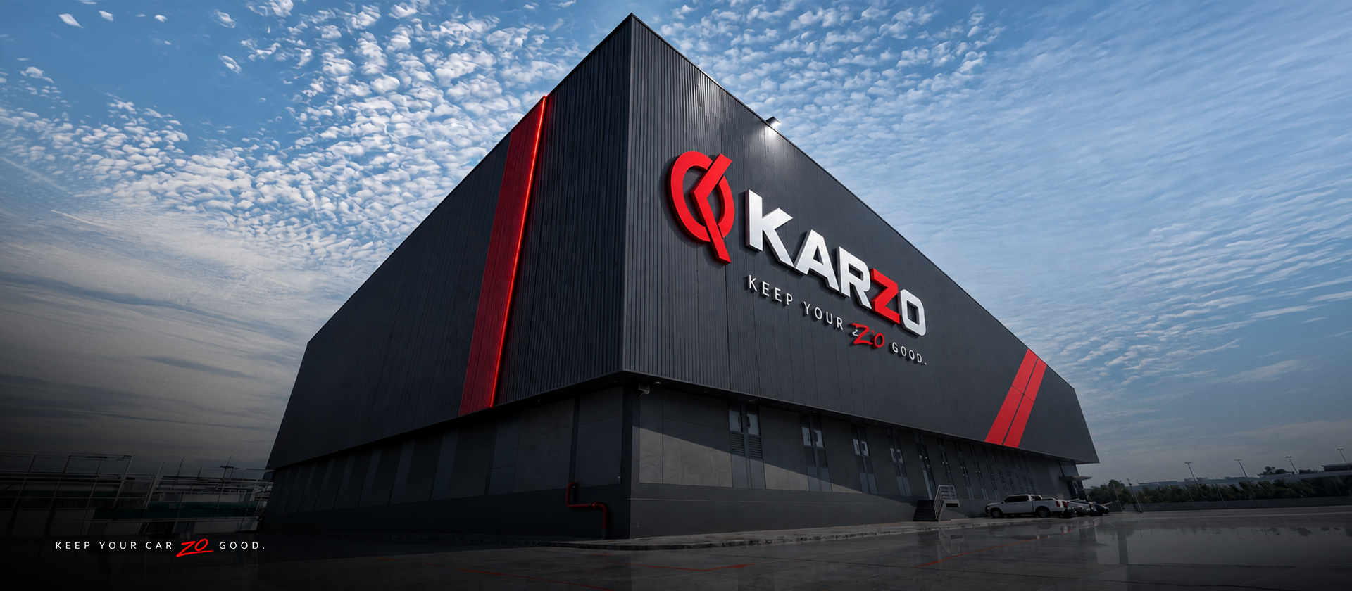 อาคารสำนักงาน KARZO CAR CARE พร้อมป้ายโลโก้ KARZO